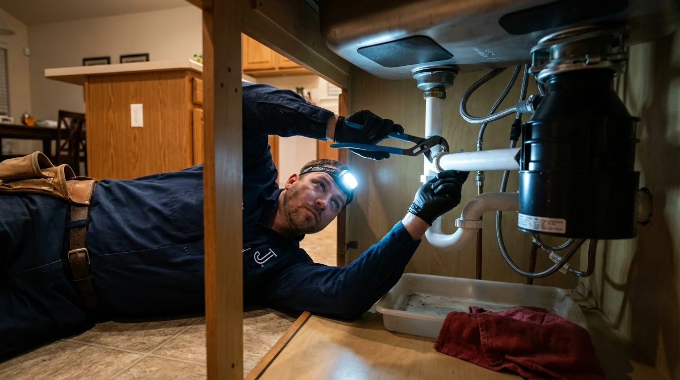 P-trap and supply line connections under a kitchen sink showing a common leak point in Magnolia, MS